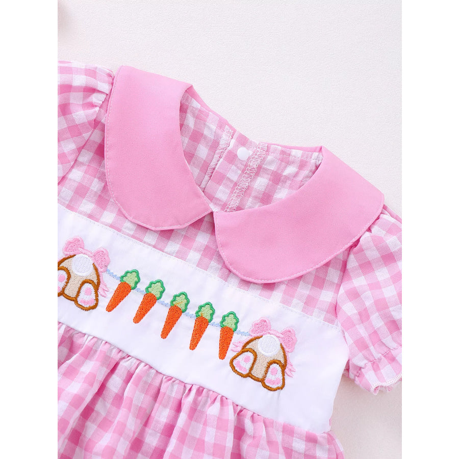 Children’s Gingham Bunny & Carrot Embroidered Peter Pan Collar Smocked Dress Apparel and Accessories
