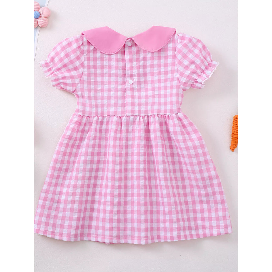 Children’s Gingham Bunny & Carrot Embroidered Peter Pan Collar Smocked Dress Apparel and Accessories