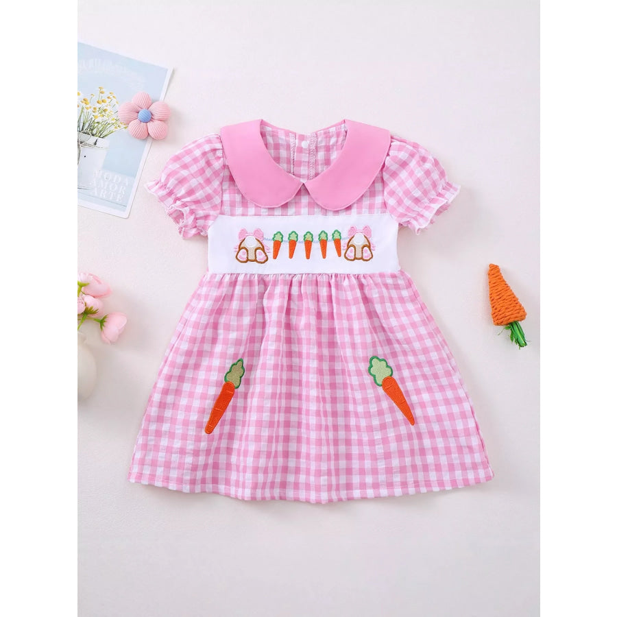 Children’s Gingham Bunny & Carrot Embroidered Peter Pan Collar Smocked Dress Pink / 6-12M Apparel and Accessories