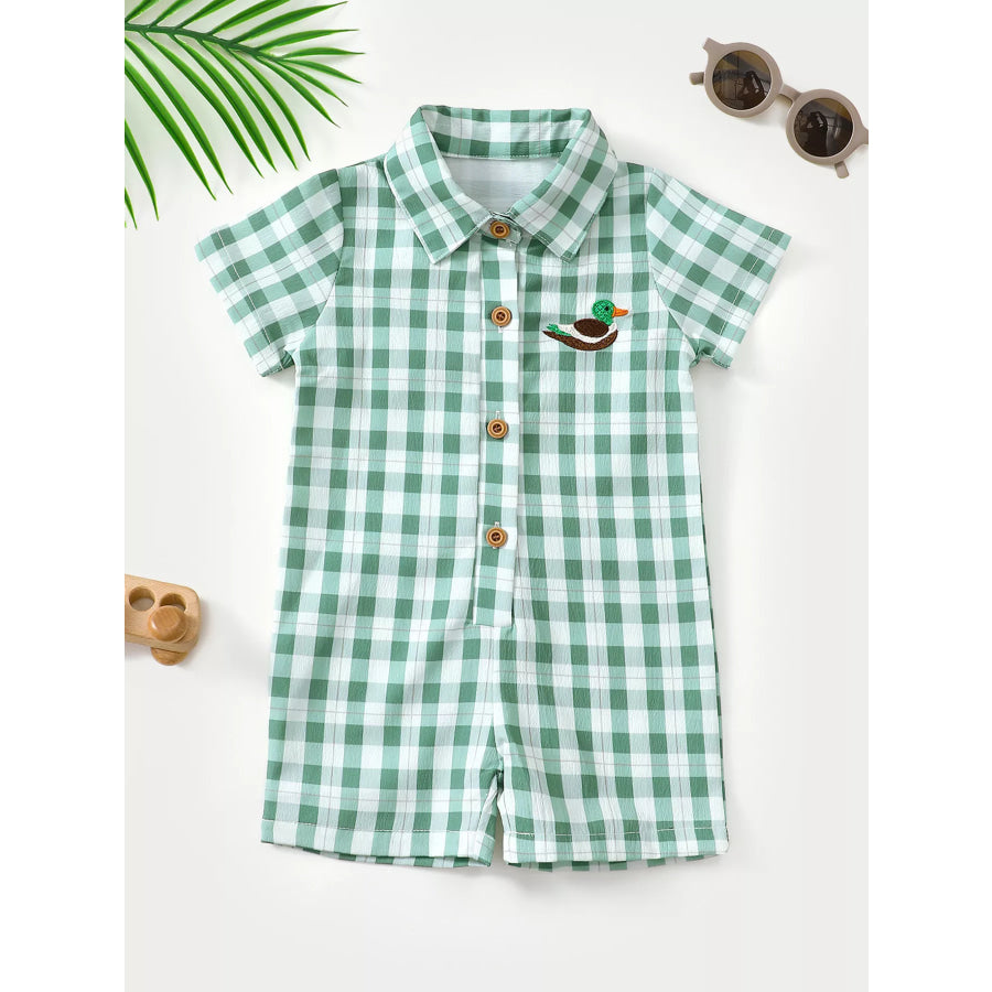 Children’s Gingham Duck Embroidered One-Piece Green / 0-3M Apparel and Accessories
