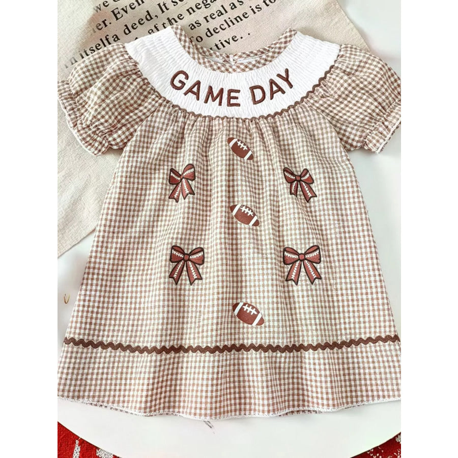 Children’s Gingham Football Puff Sleeve Dress Brown / 6-12M Apparel and Accessories