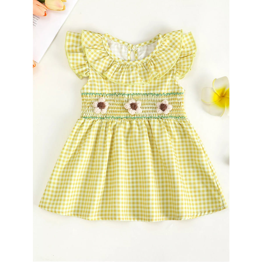 Children’s Gingham Ruffle Dress with Floral Appliques Yellow / 6-12M Apparel and Accessories