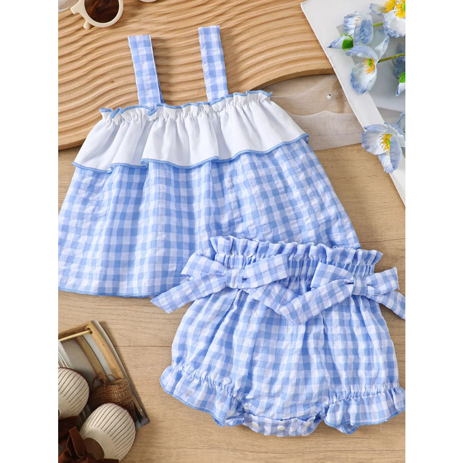 Children’s Gingham Ruffle Trim Cami Top & Shorts Set Light Blue / 3-6M Apparel and Accessories