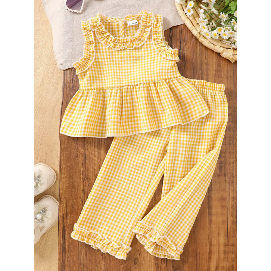 Children’s Gingham Ruffle Trim Sleeveless Top & Pants Set Light Yellow / 6-12M Apparel and Accessories