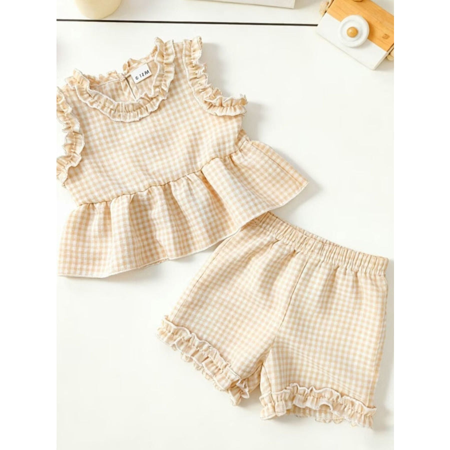 Children’s Gingham Ruffle Trim Tank Top & Shorts Set Beige / 6-12M Apparel and Accessories