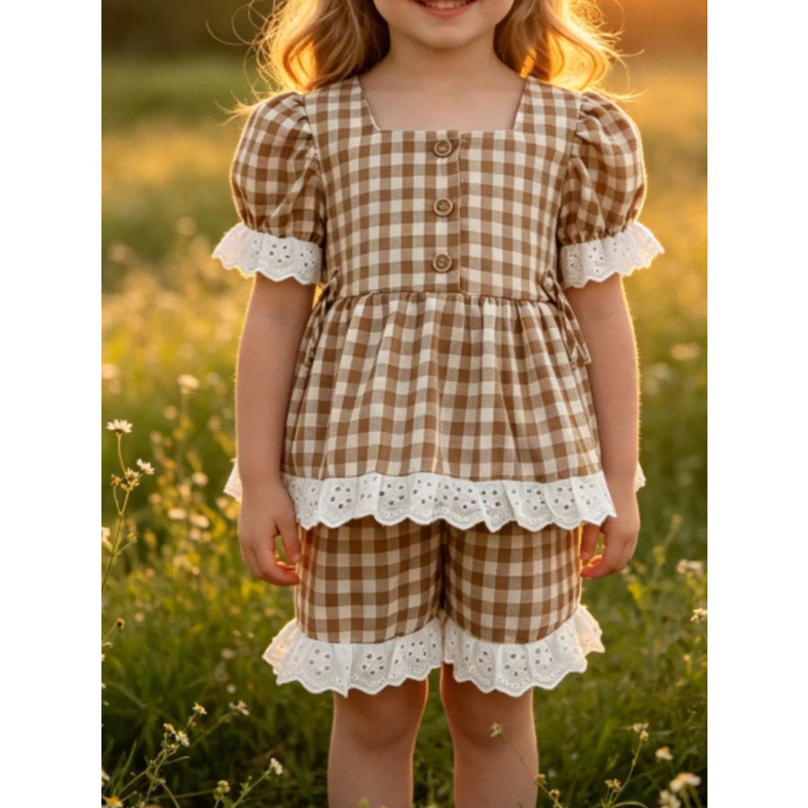 Children’s Gingham Ruffle Trim Top and Shorts Set Light Brown / 6-12M Apparel and Accessories