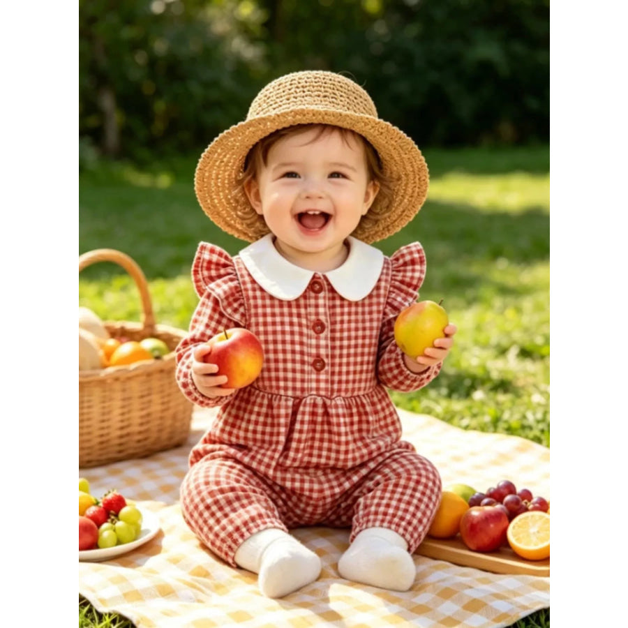 Children’s Gingham Ruffled Long Sleeve One-Piece Red / 0-3M Apparel and Accessories