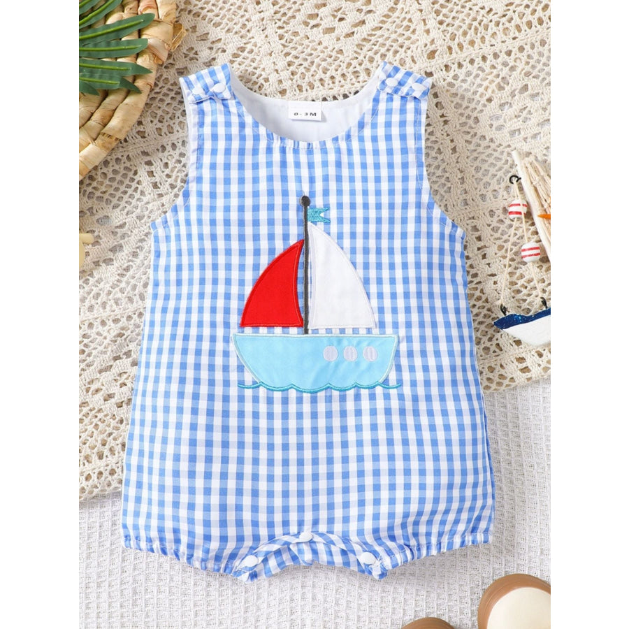 Children’s Gingham Sailboat Sleeveless One-Piece Sky Blue / 0-3M Apparel and Accessories