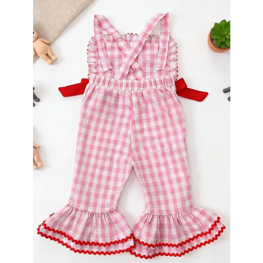 Children’s Gingham Soccer Ball Embroidered Ruffle Hem Jumpsuit Apparel and Accessories