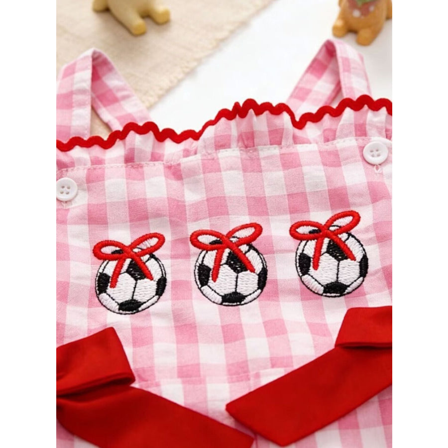 Children’s Gingham Soccer Ball Embroidered Ruffle Hem Jumpsuit Apparel and Accessories