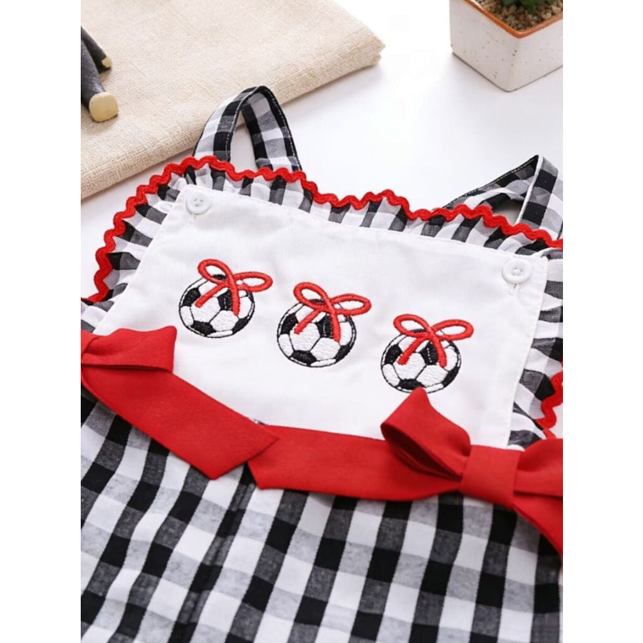 Children’s Gingham Soccer Ball Embroidered Ruffle Hem Jumpsuit Apparel and Accessories