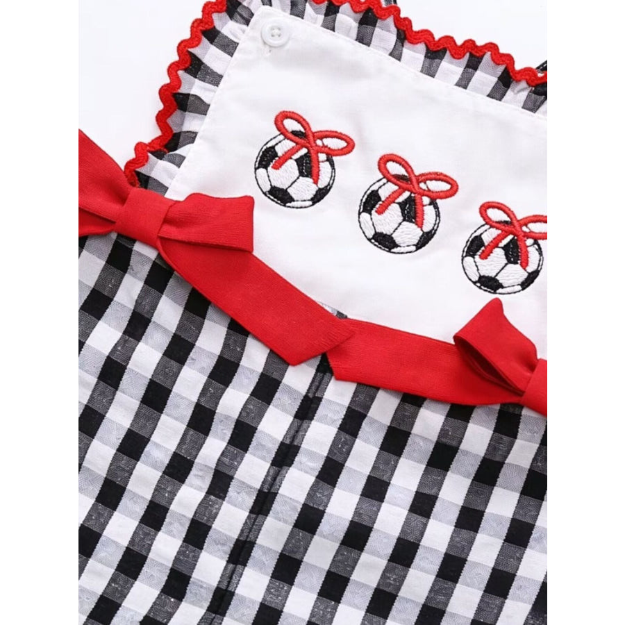 Children’s Gingham Soccer Ball Embroidered Ruffle Hem Jumpsuit Apparel and Accessories