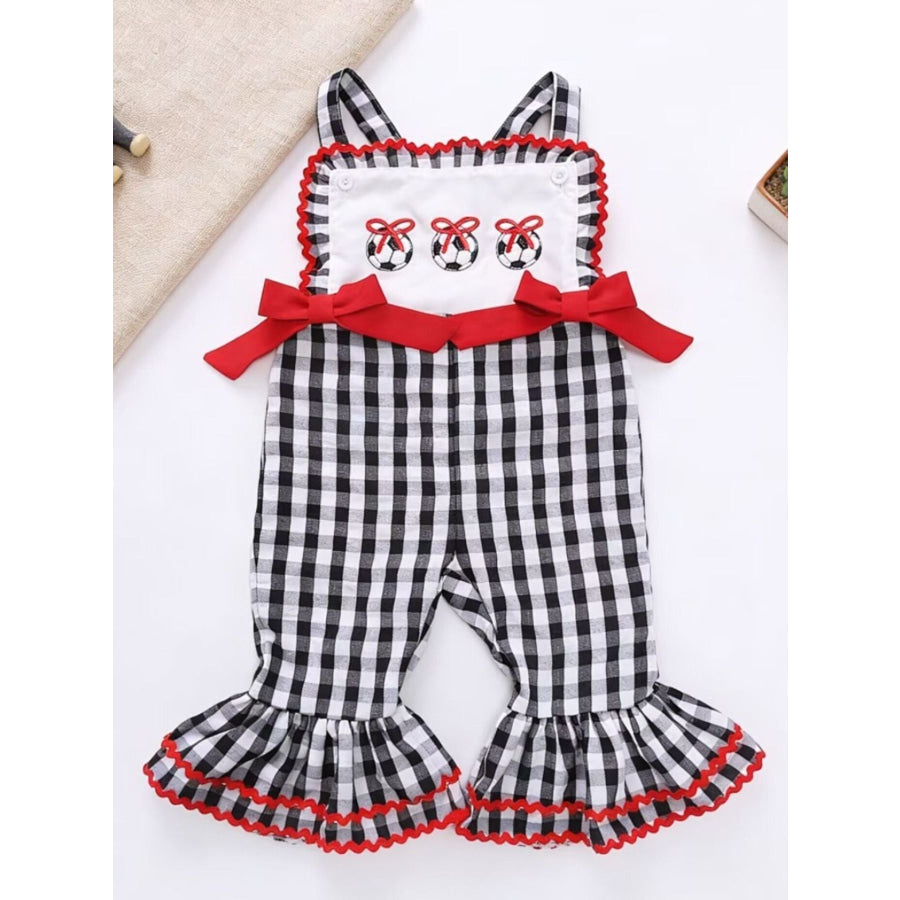 Children’s Gingham Soccer Ball Embroidered Ruffle Hem Jumpsuit Black / 6-12M Apparel and Accessories