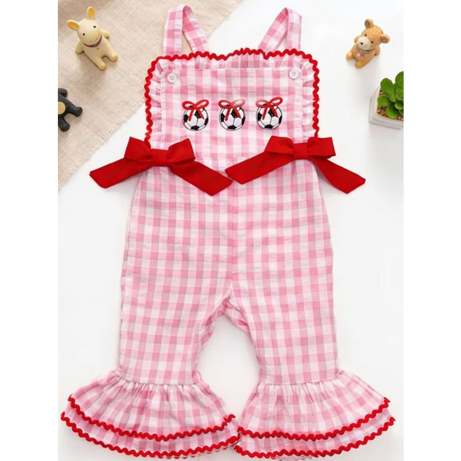 Children’s Gingham Soccer Ball Embroidered Ruffle Hem Jumpsuit Blush Pink / 6-12M Apparel and Accessories