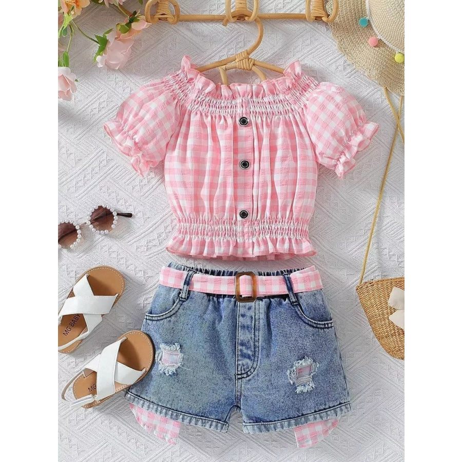 Children’s Gingham Top & Denim Shorts Set Pink / 3-4Y Apparel and Accessories