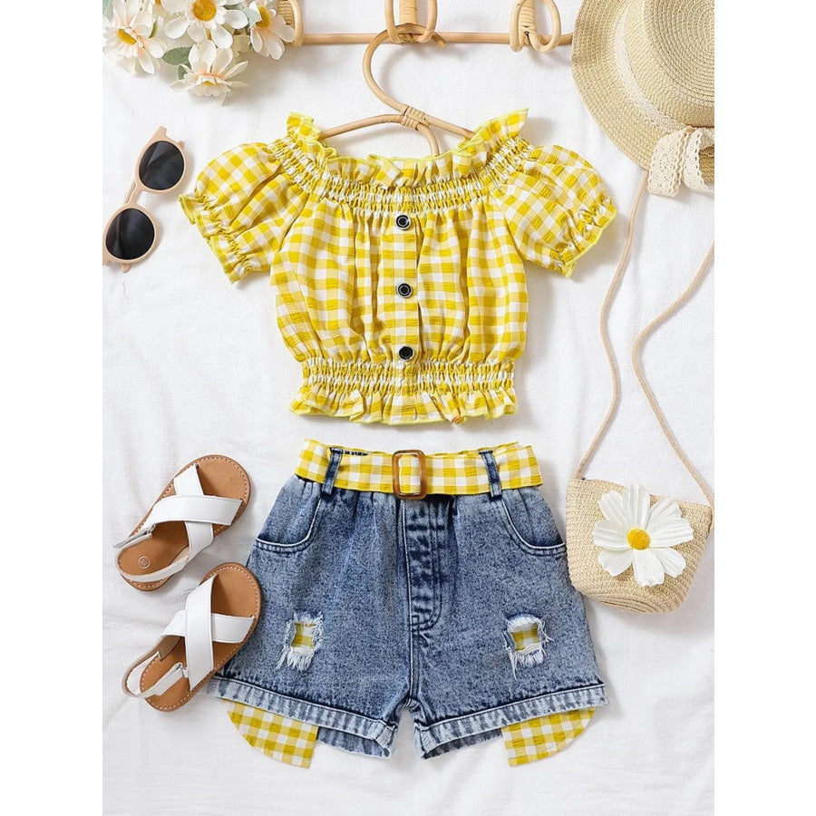 Children’s Gingham Top & Denim Shorts Set Yellow / 3-4Y Apparel and Accessories
