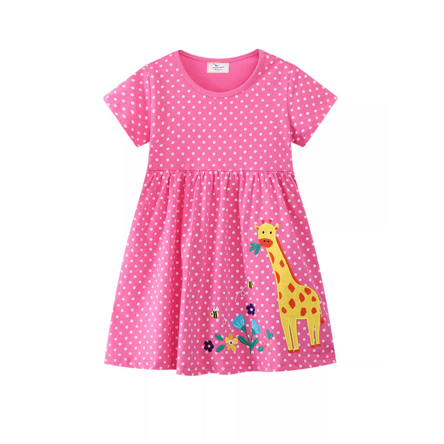 Children’s Giraffe Applique Polka Dot Casual Dress Fuchsia Pink / 2T Apparel and Accessories