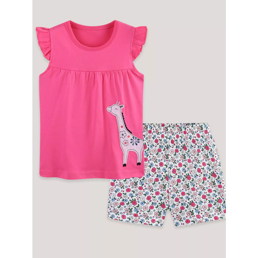 Children’s Giraffe Applique Ruffle Sleeve Top & Floral Shorts Set Apparel and Accessories