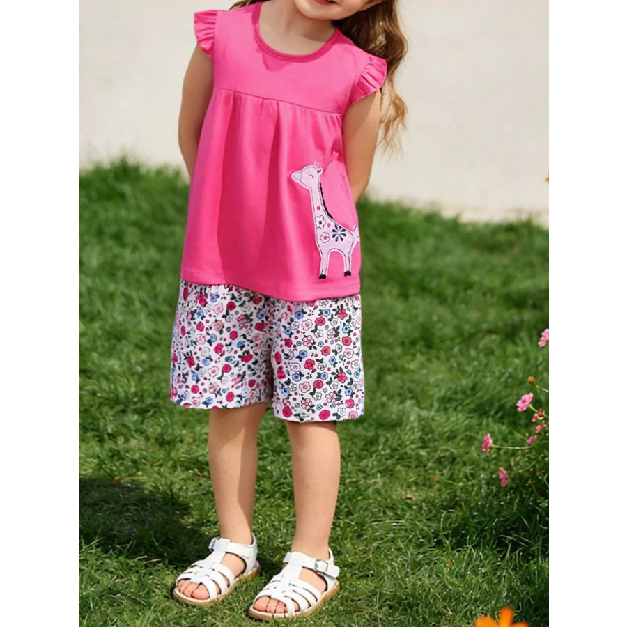Children’s Giraffe Applique Ruffle Sleeve Top & Floral Shorts Set Hot Pink / 2Y Apparel and Accessories