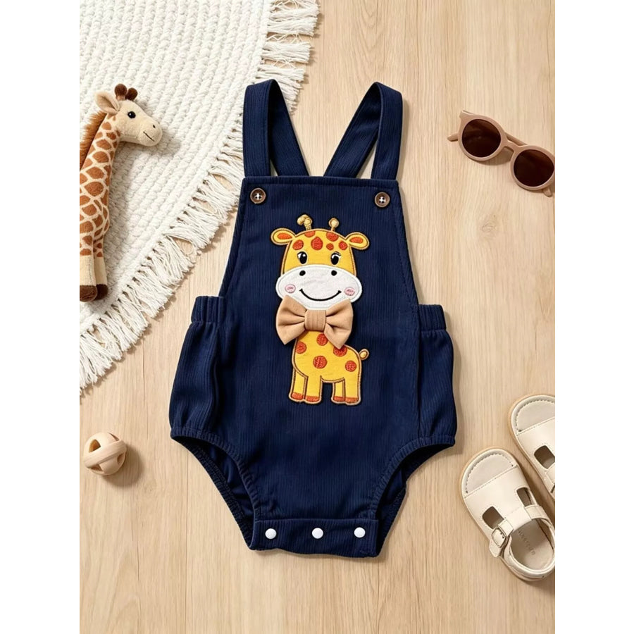 Children’s Giraffe Embroidered Corduroy One-Piece Navy Blue / 0-3M Apparel and Accessories
