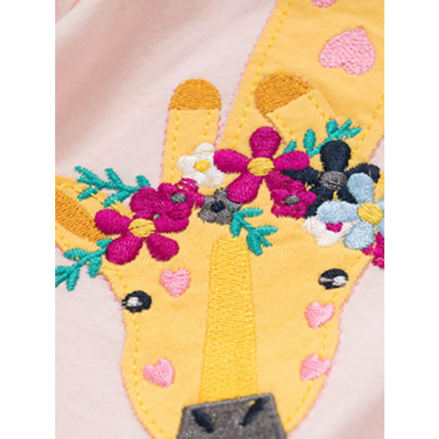 Children’s Giraffe Embroidered T-Shirt with Floral Accents Apparel and Accessories