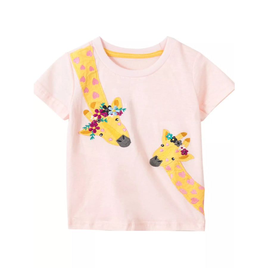 Children’s Giraffe Embroidered T-Shirt with Floral Accents Apparel and Accessories