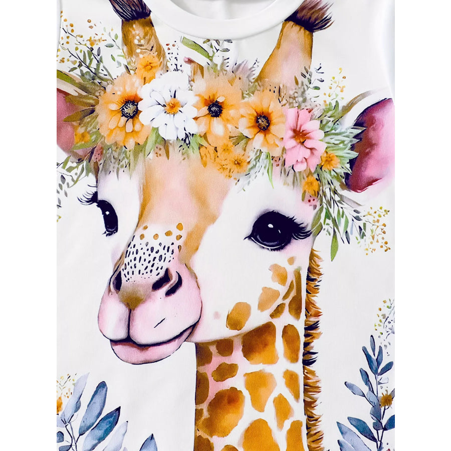 Children’s Giraffe Floral Crown Print Tee and Shorts Pajama Set Apparel and Accessories