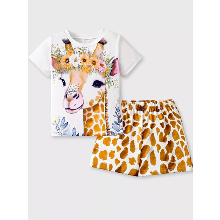 Children’s Giraffe Floral Crown Print Tee and Shorts Pajama Set White / 2-3Y Apparel and Accessories