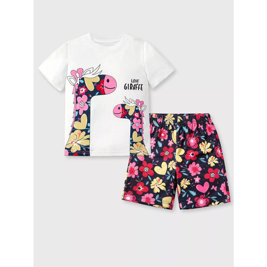 Children’s Giraffe Floral Print Tee and Shorts Set White / 2-3Y Apparel and Accessories