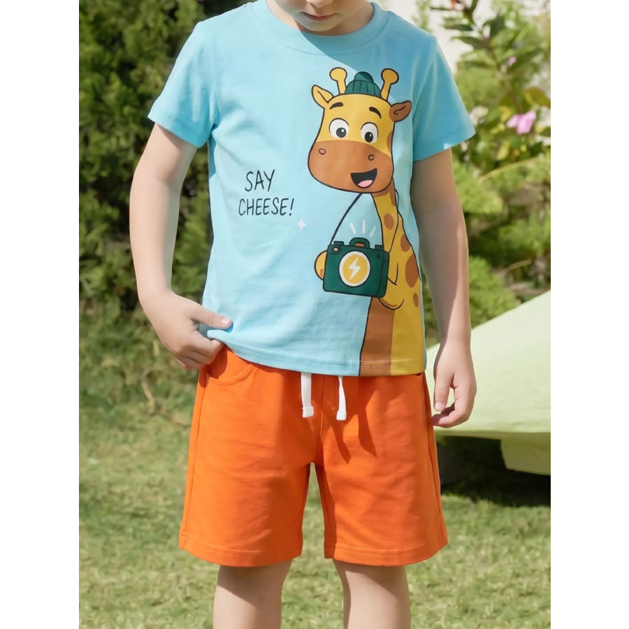 Children’s Giraffe T-shirt and Shorts Set Lake Blue / 2-3 Apparel and Accessories