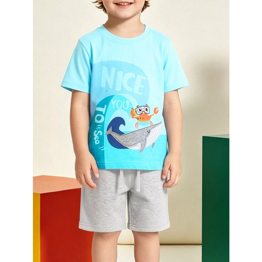 Children’s Graphic Round Neck Tee and Shorts Set Aqua / 2Y Apparel and Accessories