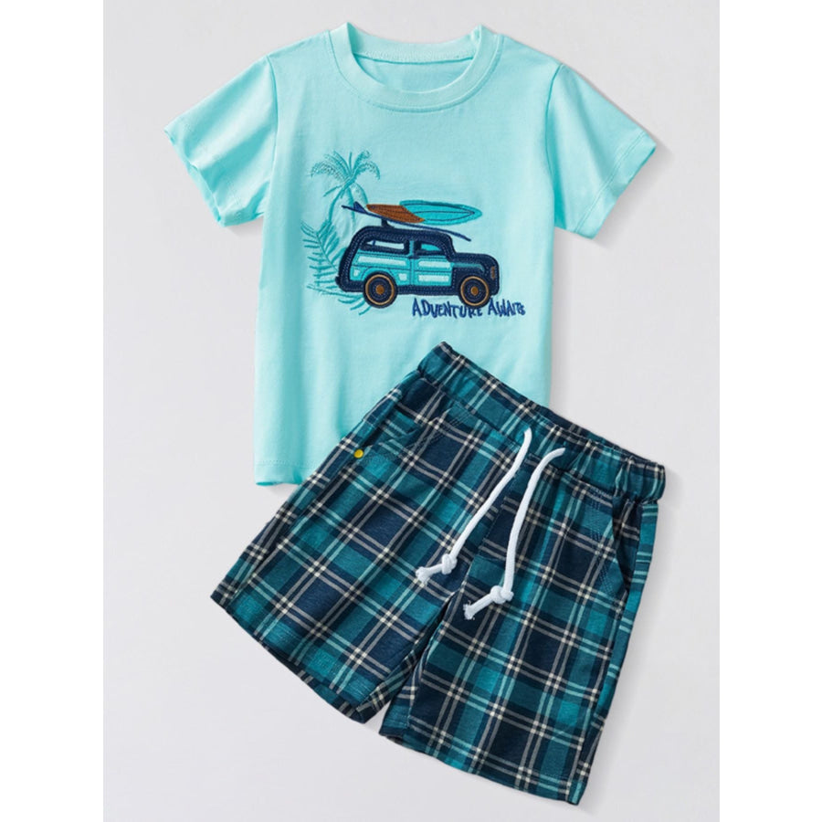 Children’s Graphic T-Shirt & Plaid Shorts Set Aqua / 3Y Apparel and Accessories
