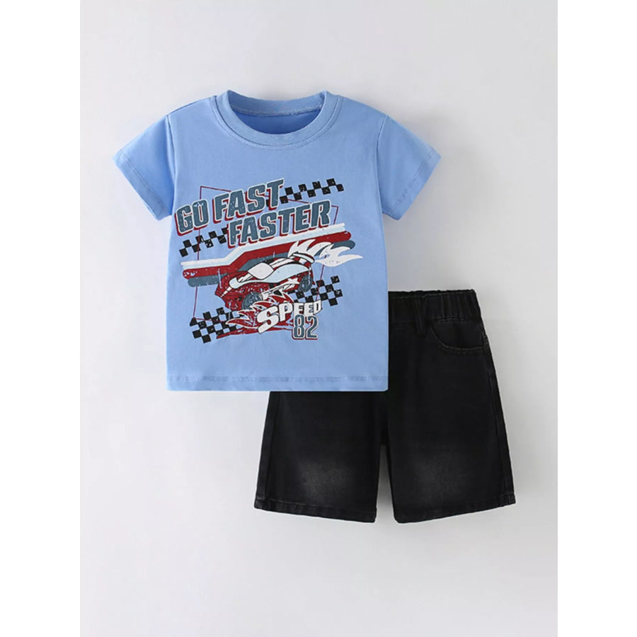 Children’s Graphic Tee & Denim Shorts Set Light Blue / 3Y Apparel and Accessories
