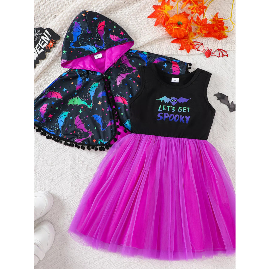 Children’s Halloween Bat Print Hooded Cape and Tulle Dress Set Apparel Accessories