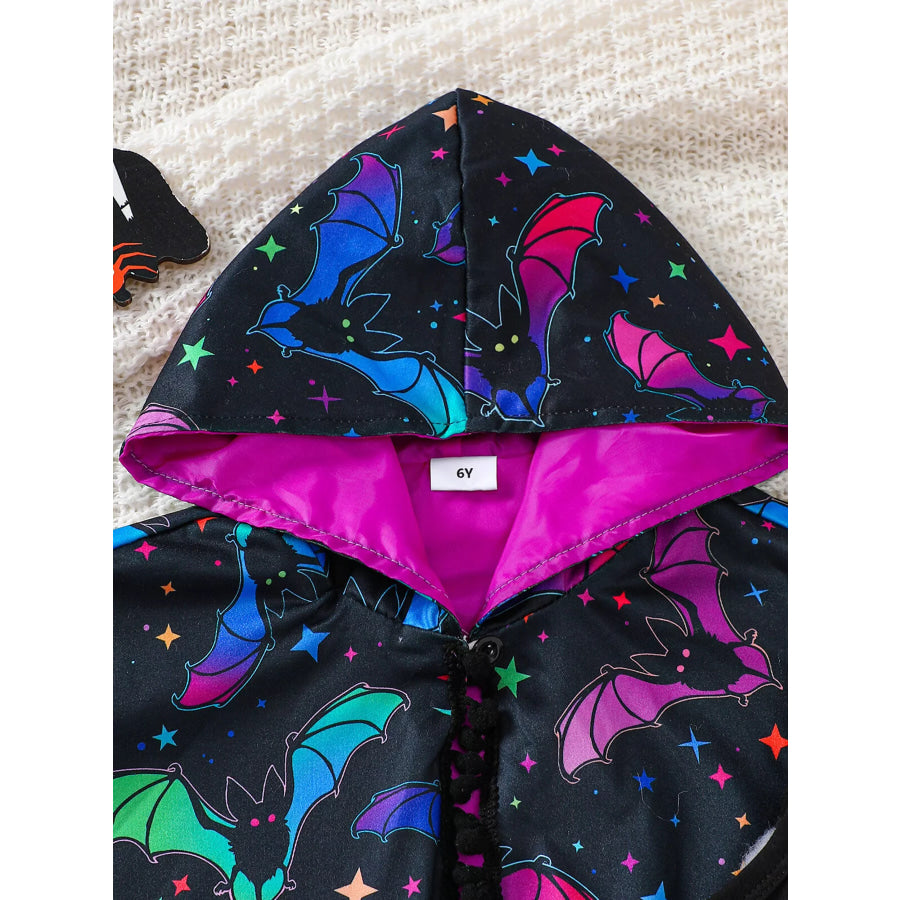 Children’s Halloween Bat Print Hooded Cape and Tulle Dress Set Apparel Accessories