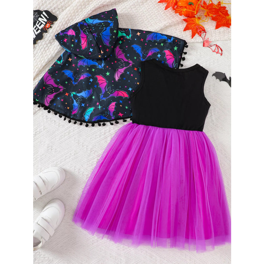 Children’s Halloween Bat Print Hooded Cape and Tulle Dress Set Apparel Accessories