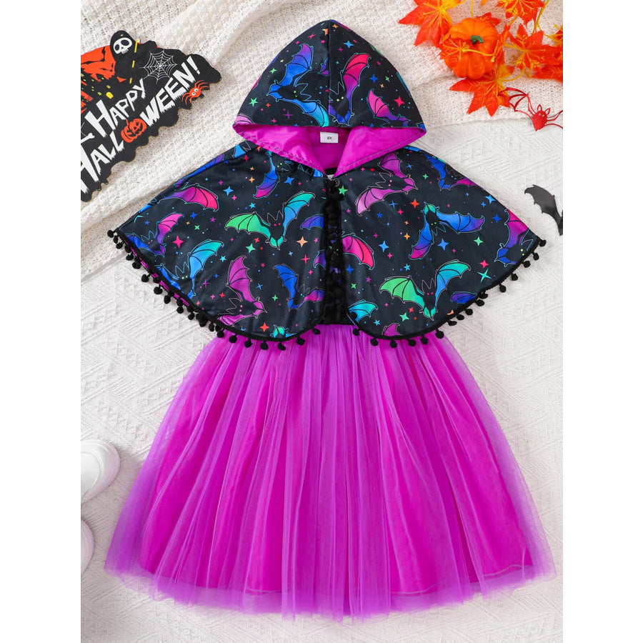 Children’s Halloween Bat Print Hooded Cape and Tulle Dress Set Purple / 2Y Apparel Accessories