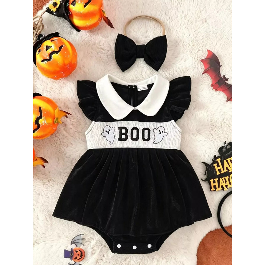 Children’s Halloween ’BOO’ Ghost Velvet Bodysuit Dress and Bow Headband Set Black / 0-3M Apparel Accessories