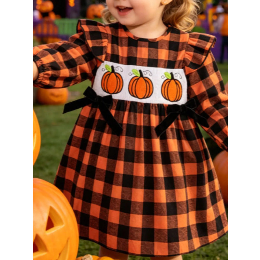 Children’s Halloween Plaid Pumpkin Smocked Dress Black / 6-12M Apparel and Accessories