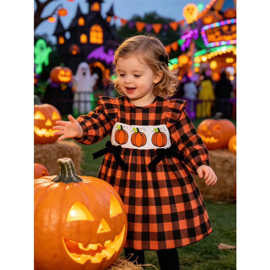 Children’s Halloween Plaid Pumpkin Smocked Dress Black / 6-12M Apparel and Accessories