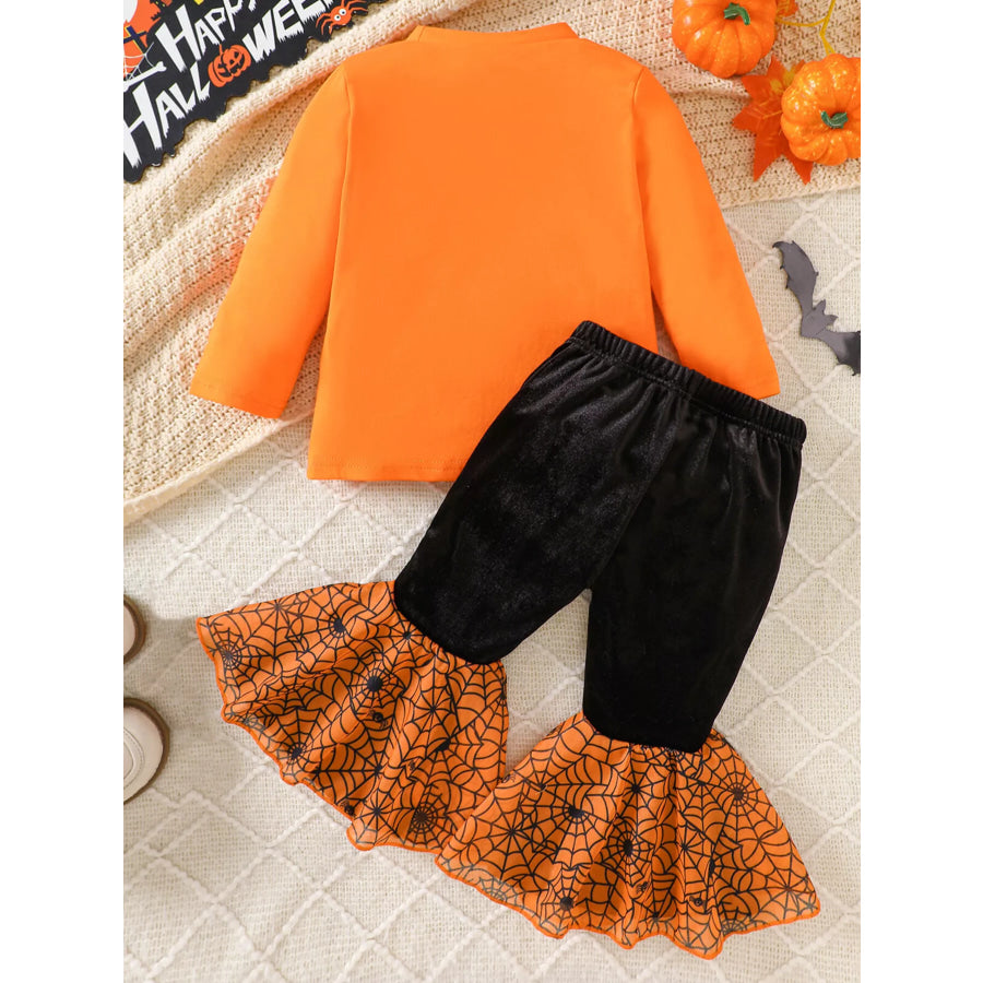 Children’s Halloween Pumpkin Long Sleeve Top and Spiderweb Bell Bottom Set Apparel Accessories