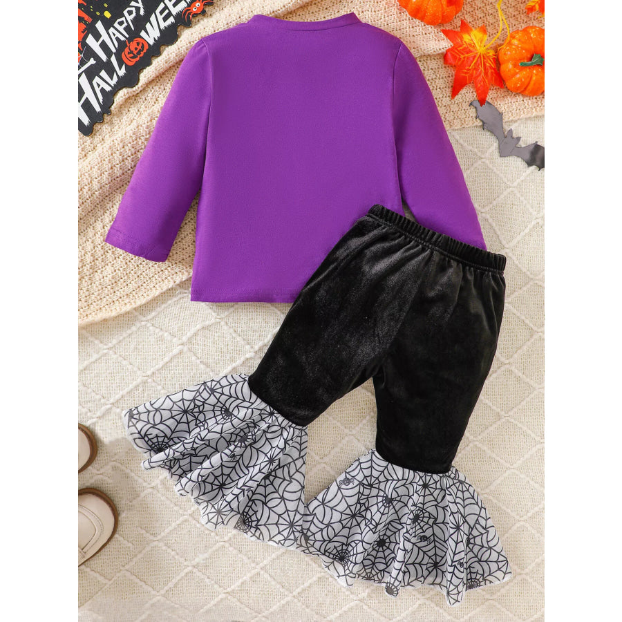 Children’s Halloween Pumpkin Long Sleeve Top and Spiderweb Bell Bottom Set Apparel Accessories