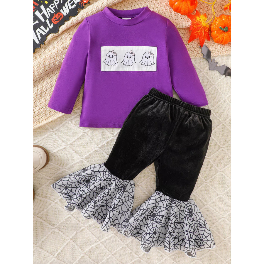 Children’s Halloween Pumpkin Long Sleeve Top and Spiderweb Bell Bottom Set Apparel Accessories