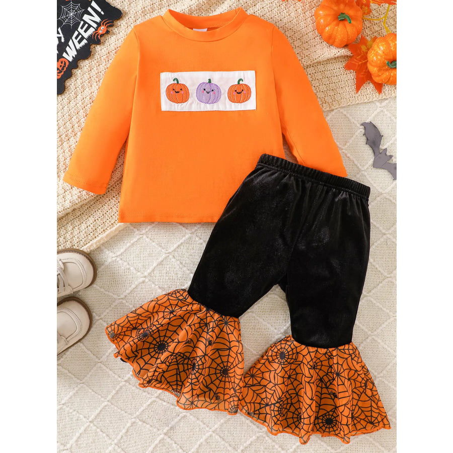 Children’s Halloween Pumpkin Long Sleeve Top and Spiderweb Bell Bottom Set Apparel Accessories