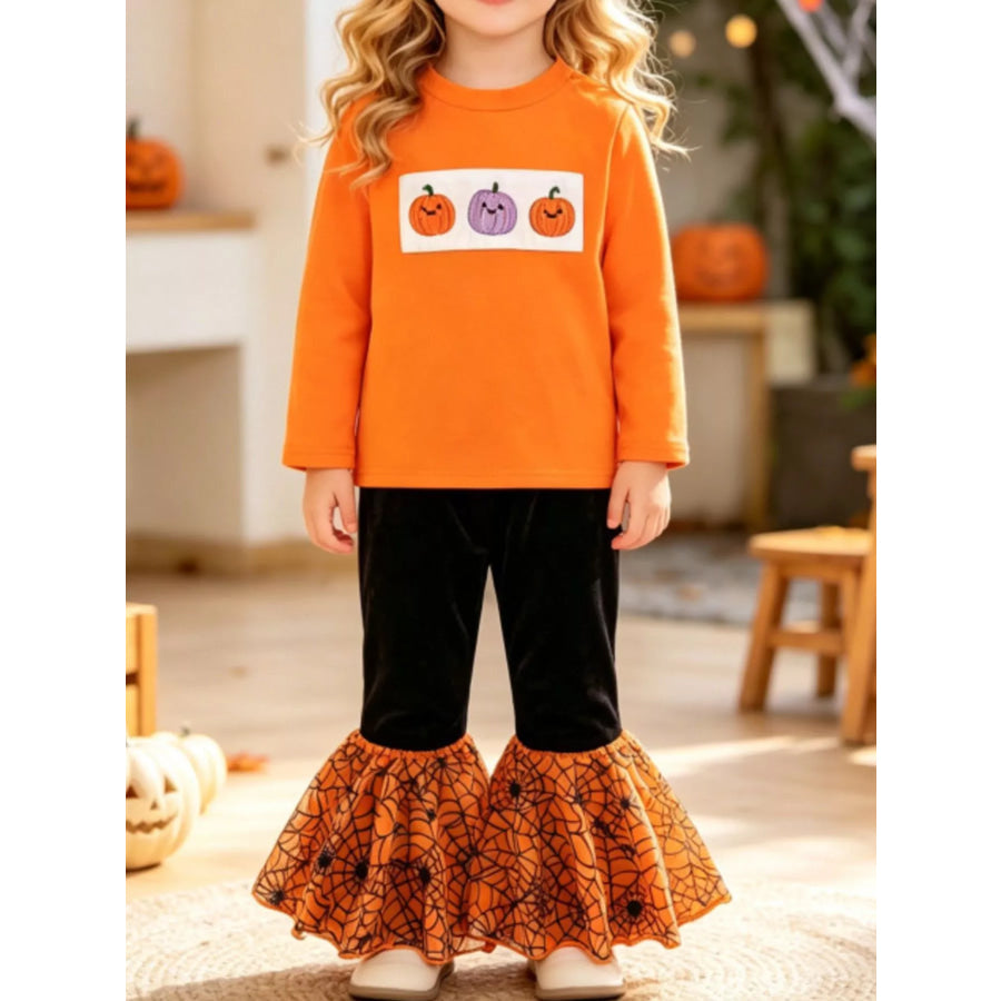 Children’s Halloween Pumpkin Long Sleeve Top and Spiderweb Bell Bottom Set Orange / 6-12M Apparel Accessories