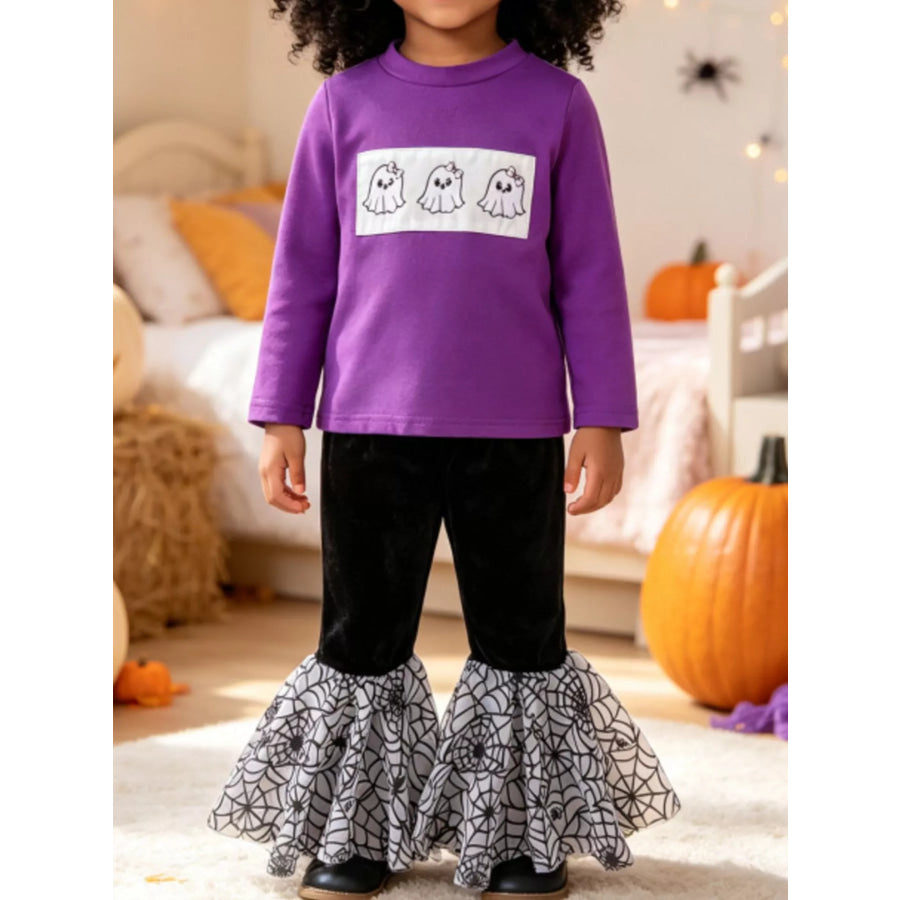 Children’s Halloween Pumpkin Long Sleeve Top and Spiderweb Bell Bottom Set Purple / 6-12M Apparel Accessories