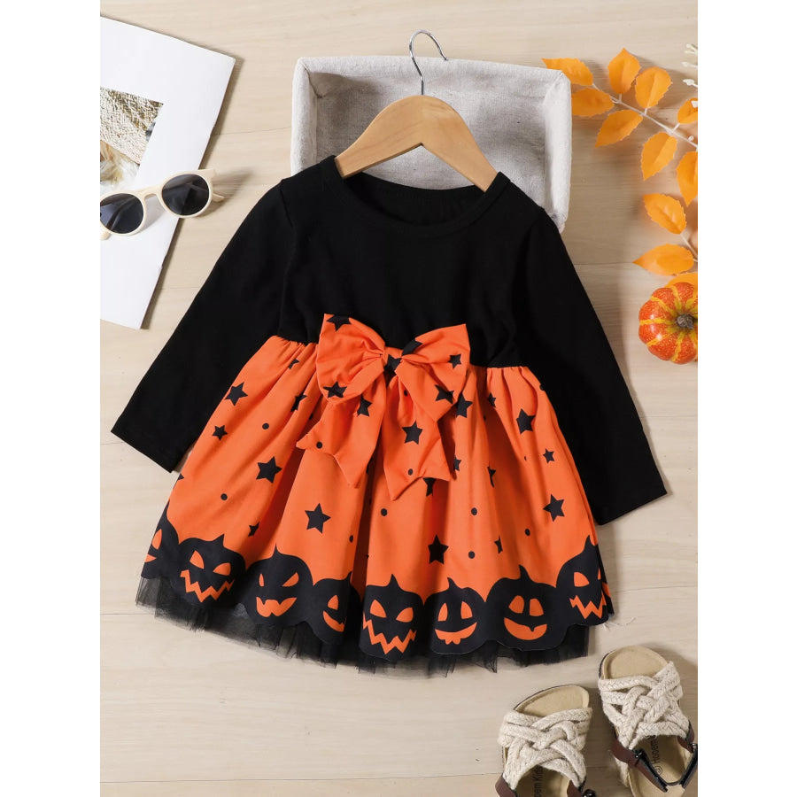 Children’s Halloween Pumpkin Print Bowknot Long Sleeve Dress Black / 18-24M Apparel and Accessories