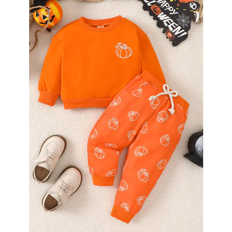 Children’s Halloween Pumpkin Print Long Sleeve Sweatshirt and Pants Set Orange Red / 6-12M Apparel Accessories