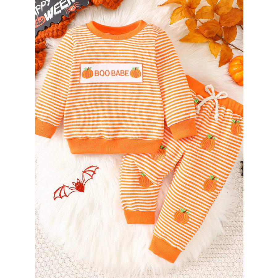 Children’s Halloween Pumpkin Striped Long Sleeve Pajama Set Orange / 0-6M Apparel and Accessories