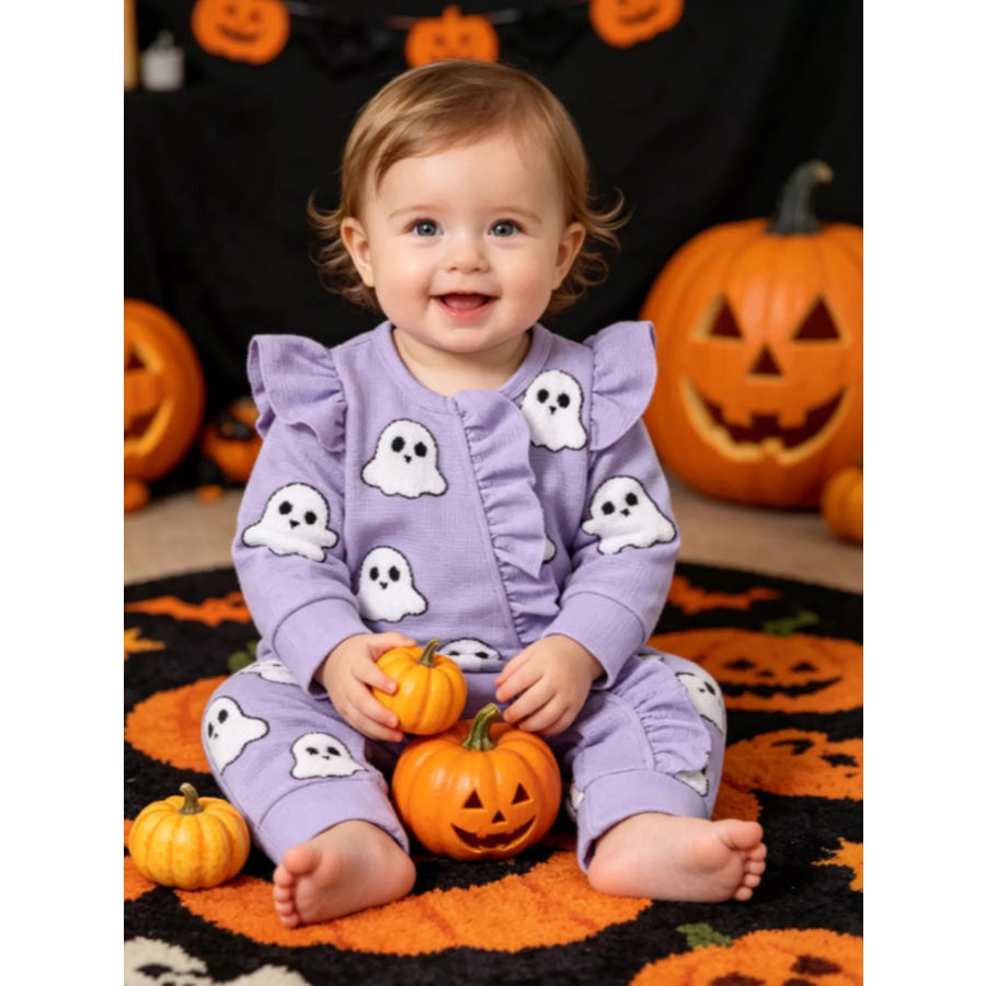 Children’s Halloween Ruffled Long Sleeve One-Piece Jumpsuit with Headband Lavender Purple / 0-3M Apparel and Accessories